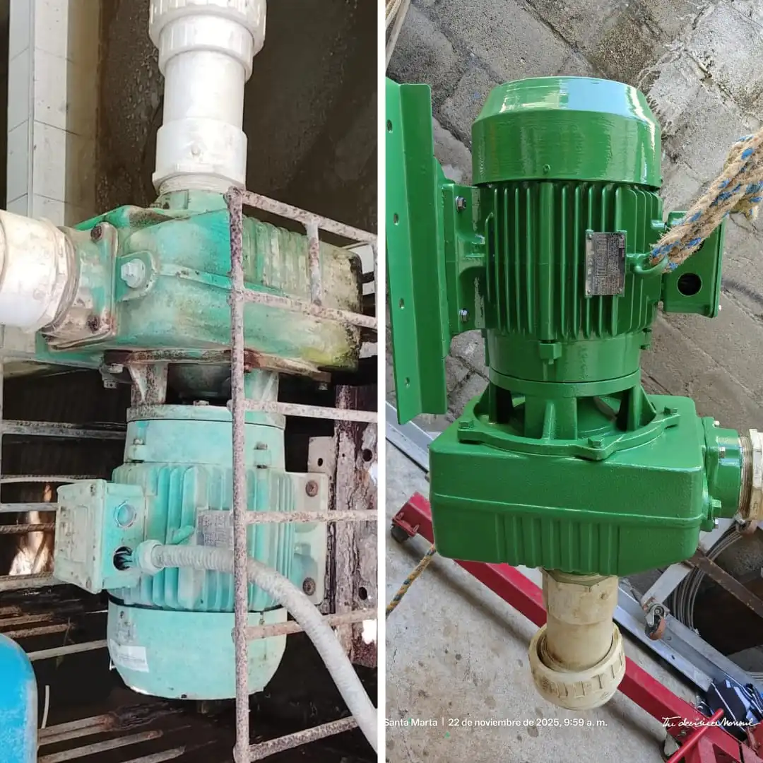 Restauración de motobomba industrial: antes oxidada y después recuperada con pintura epóxica anticorrosiva por SIEEC en Santa Marta